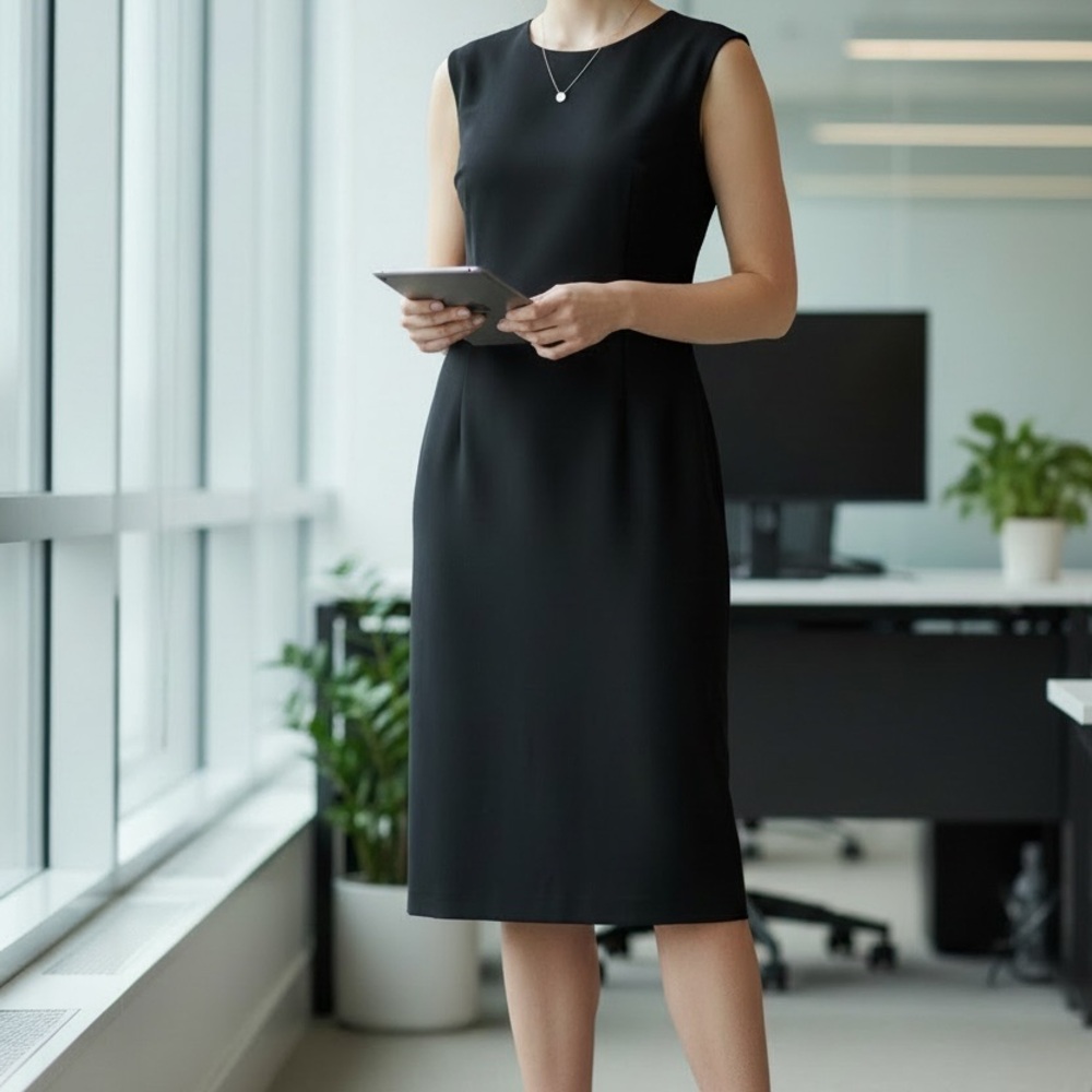 Ports 1961 100% Wool Black Sheath Dress Ribbon Waist Career Cocktail Size 10